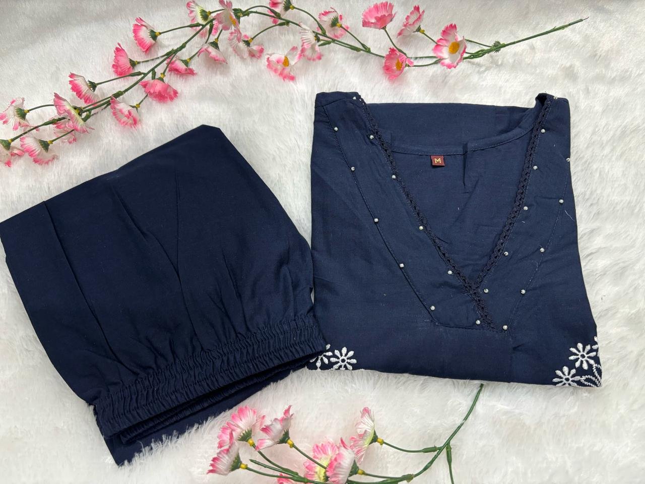 Blue Cotton Embroidered Office Wear Kurti Set